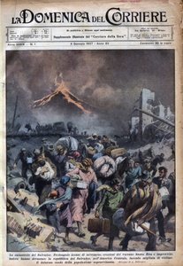Exodo da população de El Salvador após o terremoto e as erupções do vulcão Santa Rita. Ilustração de Achille Beltrame em "La domenica del corriere" 03/01/1937. de Achille Beltrame