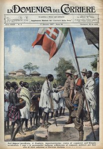 Fascismo de 1937: Reuniões em Gambela, o centro comercial do Império Etíope, de chefes e personalidades indígenas a fim de fazer um ato de adesão ao governo italiano. Ilustração de Achille Beltrame em "La domenica del corriere" 17/01/19 de Achille Beltrame