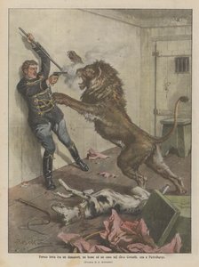 Luta feroz entre um domador, um leão e um cachorro no circo Ciniselli, agora em Petersburgo