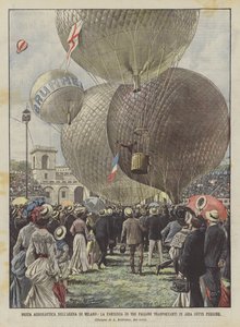 Festa Aeronáutica Na Arena De Milão, A Partida De Três Balões De Ar Que Transmite Sete Pessoas