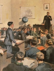 Combate ao analfabetismo, crianças na escola, por Achille Beltrame, ilustração, Ilustrador Achille Beltrame (1871-1945), de La Domenica del Corriere de Achille Beltrame