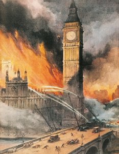 Incêndio no Palácio Westminster, Londres, após bombardeio alemão, ilustração do "The Sunday Courier". de Achille Beltrame