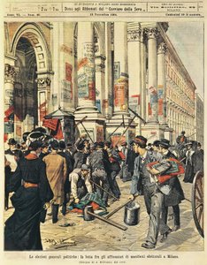 Eleições gerais em Milão: confrontos entre pessoas pendurando cartazes políticos em Milão, por Achille Beltrame (1871-1945), de La Domenica del Corriere de Achille Beltrame