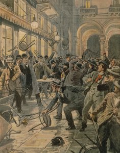 Greve geral dos trabalhadores em Milão, Riots na Galleria Vittorio Emanuele II, de Achille Beltrame, ilustração, Ilustrador Achille Beltrame (1871-1945), de La Domenica del Corriere de Achille Beltrame