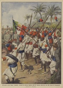 Os ascarios eritreus fazem um fantasma em frente à bandeira gloriosa da 84ª infantería na viagem deles - delas