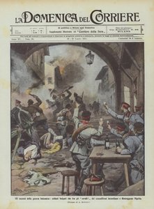 Os excessos da guerra dos Bálcãs, soldados búlgaros que entre os urrah! alguns camaradas queimam