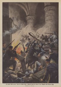Episódios da guerra, luta entre soldados belgas e alemães dentro de uma igreja da vila na Flandres belga