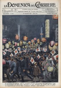 Grande profanação dos residentes de Tóquio para prestar homenagem à Itália e Alemanha após o reconhecimento do novo estado de Manchukuo (Manchukuo ou Manzhouguo) Ilustração de Achille Beltrame em "La domenica del corriere" de 12/12/1937 de Achille Beltrame