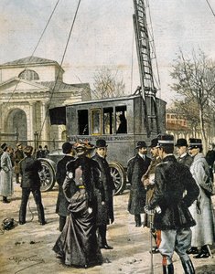 Guglielmo Marconi assiste em Milão ao teste da primeira Stazione Radio Mobile. Ilustração de Achille Beltrame para "Domenica del Corriere" (1906). Gravura. de Achille Beltrame