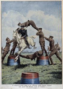 Saltar a cavalo: Hussardos ingleses no London Tournament Trials - desenho de A. Beltrame, em "La Domenica del Corriere". de Achille Beltrame