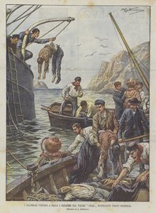 Os mergulhadores levam Galla aos cadáveres de Galavian do naufrágio do Líbano em Marselha de Achille Beltrame