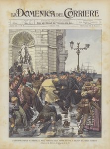 Os tumultos sangrentos de Trieste, a multidão carregada pelas tropas em frente ao palácio do austríaco Lloyd