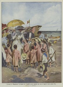 Os soberanos em férias, a rainha entre as crianças pobres enviadas para cuidar de tomar banho no mar perto de Pisa