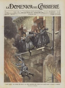 O grande heroísmo, uma freira que salva seus alunos jogando-os para fora da janela da escola de Achille Beltrame