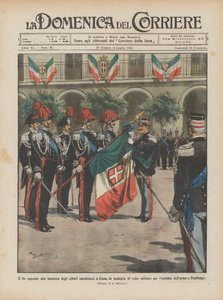 O rei pendura a medalha de valor militar para a bandeira dos estudantes Carabinieri em Roma