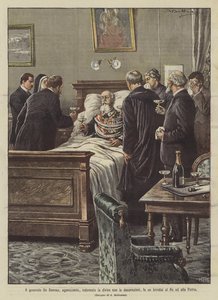 General De Sonnaz, agonizando, vestindo o uniforme com enfeites, faz um brinde ao rei e à pátria