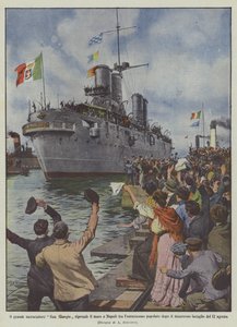 O grande cruzador San Giorgio leva o mar de volta a Nápoles com entusiasmo popular depois
