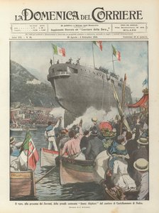 O lançamento, na presença dos soberanos, do grande encouraçado Dante Alighieri a partir do local de construção de Castellammare di Stabia