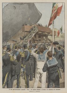 O lançamento do cruzador blindado Pisa, no estaleiro de Orlando em Livorno, a cerimônia de batismo