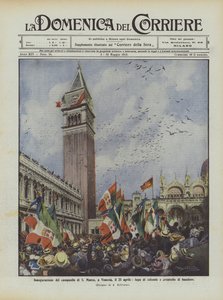 Inauguração da torre do sino de S Marco, em Veneza, em 25 de abril, vôo de pombas e agitando bandeiras