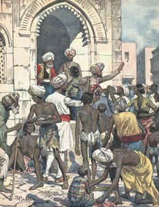 Índia. A seca causa epidemias. Distribuição de alimentos. Ilustrado por Antonio Beltrame. "La domenica del Corriere". 26 de Fevereiro. de Achille Beltrame