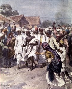 O líder político e guia espiritual indiano Mohandas Karamchand Gandhi (1869-1948) (Mahatma) iniciou em 12/03/1930 uma marcha de sal para obter a independência da Índia em relação aos britânicos. Ilustração de Achille Beltrame de "La domenica del Corriere"  de Achille Beltrame