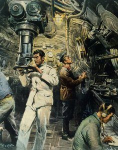 Interior de submarino, por Achille Beltrame (1871-1945), ilustração de La Domenica del Corriere, 28 de dezembro de Achille Beltrame