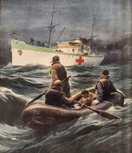 Navio hospitalar italiano que resgata quatro aviadores alemães abatidos, por Achille Beltrame (1871-1945), ilustração de La Domenica del Corriere, 23 de fevereiro de Achille Beltrame