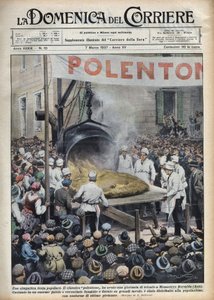 Festa popular italiana: polenta geante (polentone) organizada numa cidade perto de Asti, no Veneto. Ilustração de Achille Beltrame em "La domenica del Corriere" de 03/07/1937. de Achille Beltrame