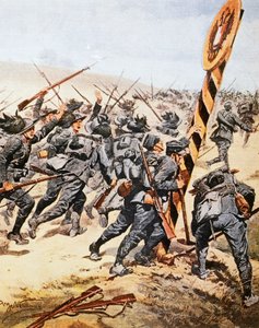 Soldados italianos atravessando a fronteira austríaca, por Achille Beltrame (1871-1945), ilustração de La Domenica del Corriere, junho de 1915 de Achille Beltrame