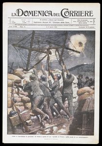 Soldados italianos colocando cavalo frísio na trincheira, placa de Achille Beltrame (1871-1945) para Domenica del Corriere, 2-9 de Abril de 1916, Primeira Guerra Mundial, Itália, século 20 de Achille Beltrame