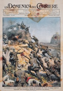 Tropas italianas avançando em solo etíope, ilustração de La Domenica del Corriere, 20 de outubro de Achille Beltrame
