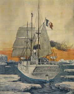 Viagem ao Pólo Norte: Nave Polar Star que levou o Príncipe Luigi Amedeo de Savoy-Aosta, Duque de Abruzzi, à Baía de Teplitz em Rudolf-Island, por Achille Beltrame (1871-1945), de La Domenica del Corriere. de Achille Beltrame
