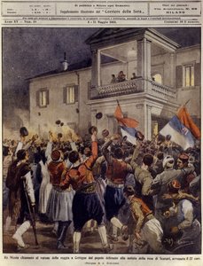 Rei Nicolau I de Montenegro perante uma multidão em Cettigne após a rendição da cidade de Shkoder, 4 de Maio de Achille Beltrame