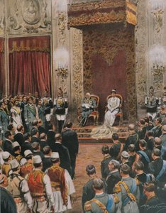 Rei da Itália, Vittorio Emanuele III da Sabóia, sendo coroado Rei dos Albaneses, por Achille Beltrame, ilustração, Ilustrador Achille Beltrame (1871-1945), de La Domenica del Corriere de Achille Beltrame