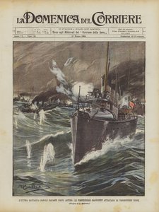 A última batalha naval na frente de Arturo, torpedos japoneses atacam barcos de torpedos russos