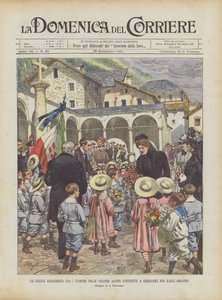 A rainha Margherita entre as crianças das colônias alpinas soldadas a Gressoney para cumprimentá-la