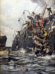 O desastre do Líbano: os passageiros se lançam ao mar após a colisão com outro navio ao largo de Marselha. Ilustração de Beltrame. La Domenica del corriere. 1903. de Achille Beltrame