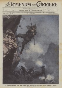 A dramática aventura de um alpino, suspenso em uma ravina, está lutando e fugindo de um grupo de austríacos