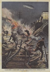 A guerra de cima, um dos nossos dirigíveis lança bombas no cruzamento ferroviário de Divaccia, produzindo sérios danos