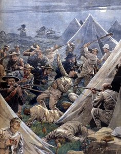 A Guerra da Boer ou Guerra Transvaal na África do Sul entre os ingleses e os bôeres: estes últimos atacaram um acampamento inglês em Tweenfontein. Ilustração de Beltrame. La Domenica del corriere. 1902. de Achille Beltrame