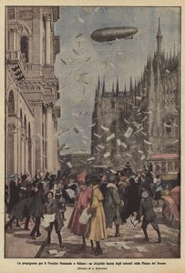 A propaganda do Empréstimo Nacional em Milão, uma aeronave lança folhas coloridas na Piazza del Duomo de Achille Beltrame