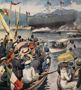 Lançamento do navio de guerra Andrea Doria do Arsenale em La Spezia, painel de Achille Beltrame (1871-1945), La Domenica del Corriere, 6 de abril de Achille Beltrame