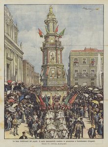As festas tradicionais do povo, o carro monumental realizado em uma procissão em Casteltermini (Girgenti)