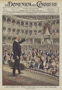 As grandes manifestações contra o Giolittismo, Gabriele d&39;Annunzio fala ao povo de Roma, no teatro Costanzi de Achille Beltrame