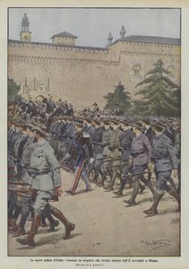 As novas milícias da Itália, voluntárias à paisana na revista militar do novembro II em Milão
