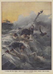Os infortúnios da frota francesa, onda arrancando de um submarino oficiais e marinheiros e cinco deles se afogam de Achille Beltrame