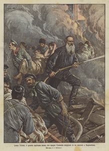 Leone Tolstoi, o grande escritor russo, que extingue o fogo irrompeu em uma hospitalidade em Bogoroditzk de Achille Beltrame