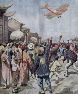 Tenente Arturo Ferrarin, participante do raid Roma-Tóquio, chegando ao céu de Xangai, ilustração de Achille Beltrame de La Domenica del Corriere, 16 de maio de Achille Beltrame