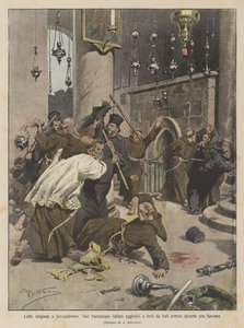 Lutas religiosas em Jerusalém, frades franciscanos italianos atacados e feridos por frades armênios durante uma função de Achille Beltrame